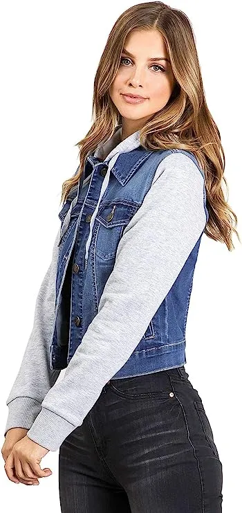 Wax Jeans Women's Fleece Sleeve and Hood Denim Jacket