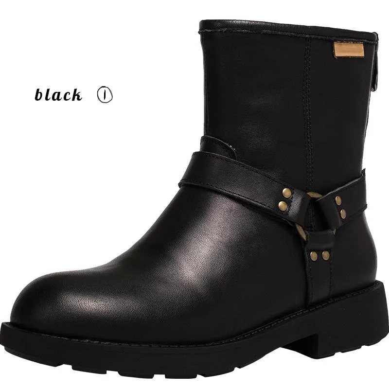 Waxing Leather Buckle Boots Handmade British Boots Fleece Lined Snow Boots Black/White/Coffee