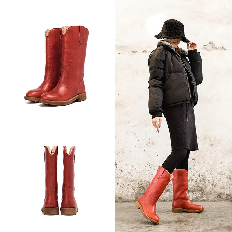 Western Cowboy Boots Handmade Leather Mid Calf Snow Boots Shearling Lined in Red/Black/Coffee