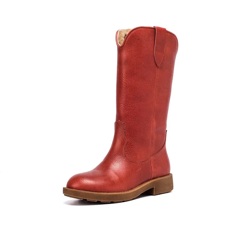 Western Cowboy Boots Handmade Leather Mid Calf Snow Boots Shearling Lined in Red/Black/Coffee