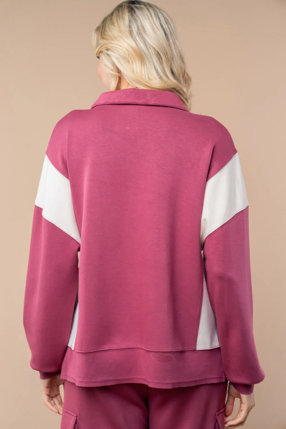 White Birch Color Block Scuba Knit Half Zip Top in Raspberry