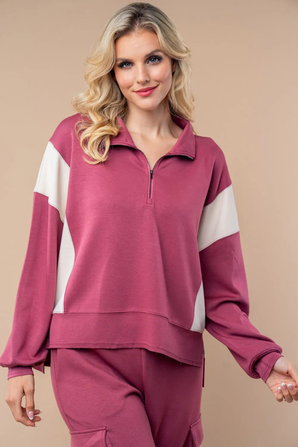 White Birch Color Block Scuba Knit Half Zip Top in Raspberry