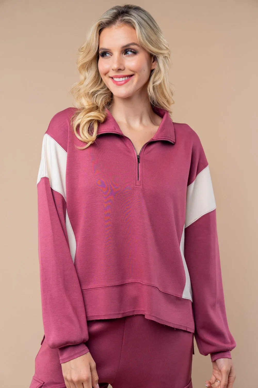 White Birch Color Block Scuba Knit Half Zip Top in Raspberry