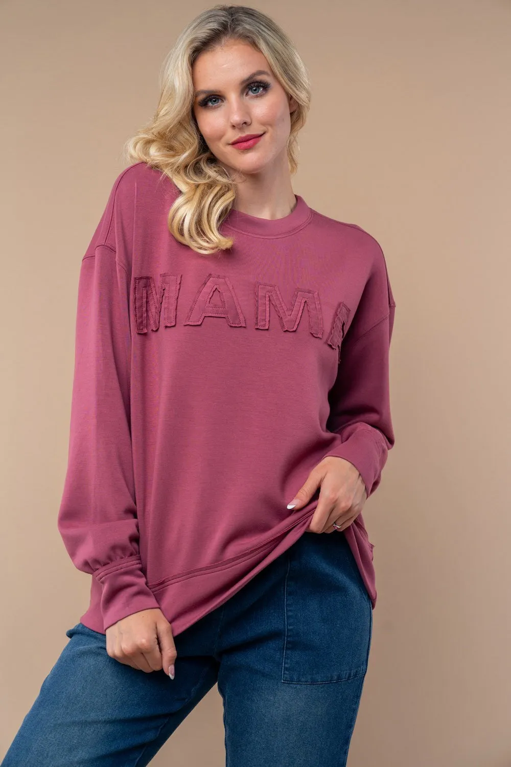 White Birch Solid Color "MAMA" Patched Pullover Top in Mauve