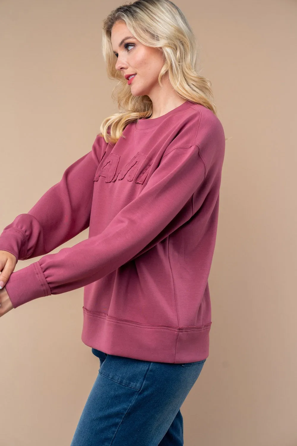 White Birch Solid Color "MAMA" Patched Pullover Top in Mauve