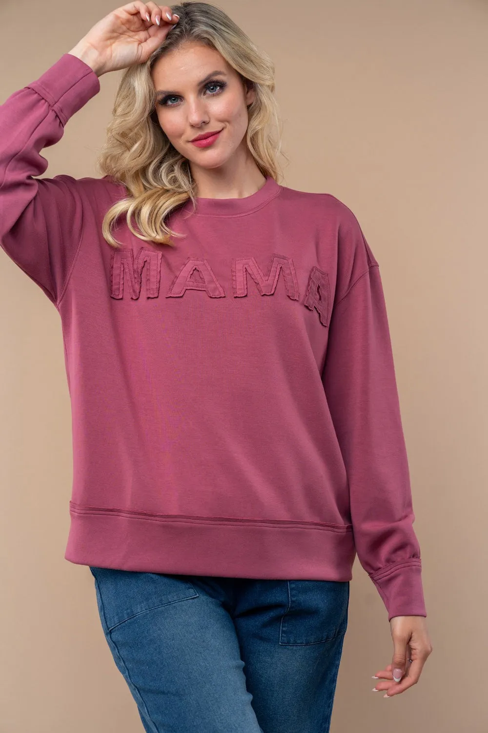 White Birch Solid Color "MAMA" Patched Pullover Top in Mauve