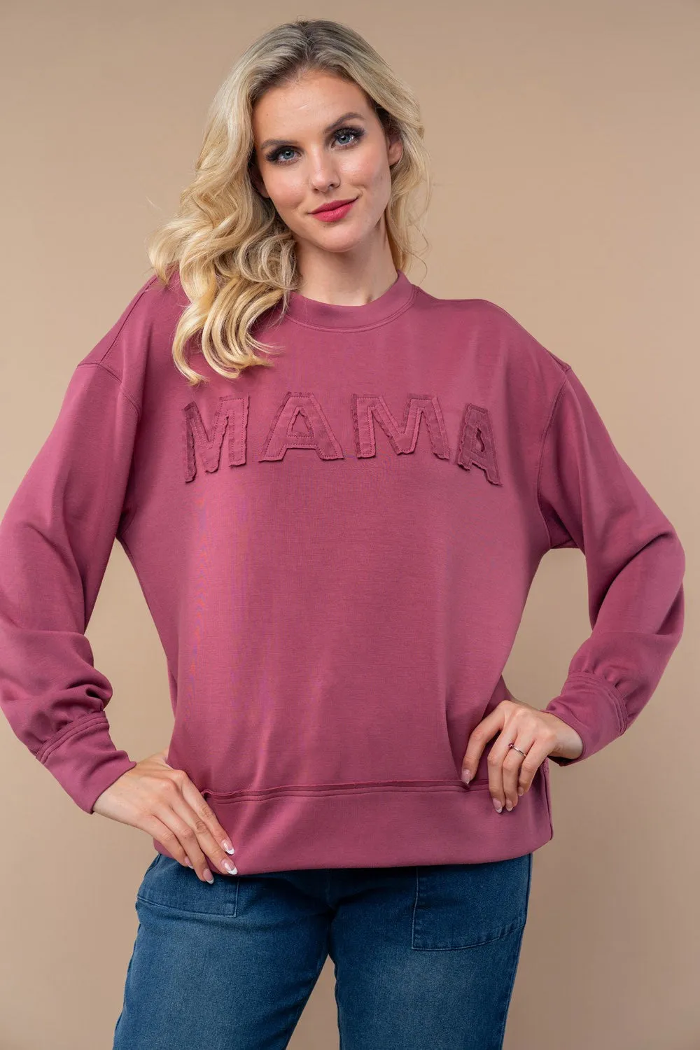 White Birch Solid Color "MAMA" Patched Pullover Top in Mauve