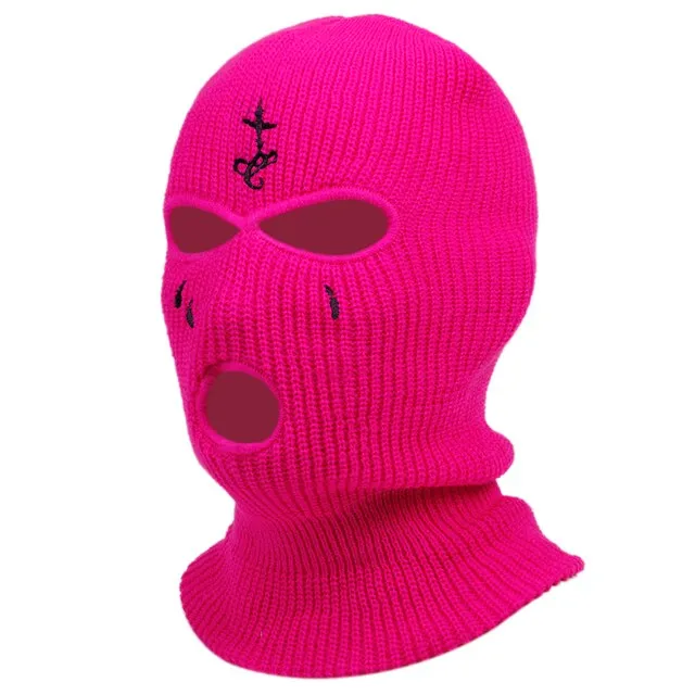 Winter Balaclava Hat 3-Hole Knitted Full Face Cover Ski Neck Gaiter Warm Knit Beanie for Outdoor Sports Cross Embroidery Ski Mas