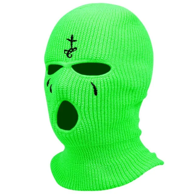 Winter Balaclava Hat 3-Hole Knitted Full Face Cover Ski Neck Gaiter Warm Knit Beanie for Outdoor Sports Cross Embroidery Ski Mas