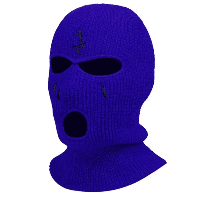 Winter Balaclava Hat 3-Hole Knitted Full Face Cover Ski Neck Gaiter Warm Knit Beanie for Outdoor Sports Cross Embroidery Ski Mas