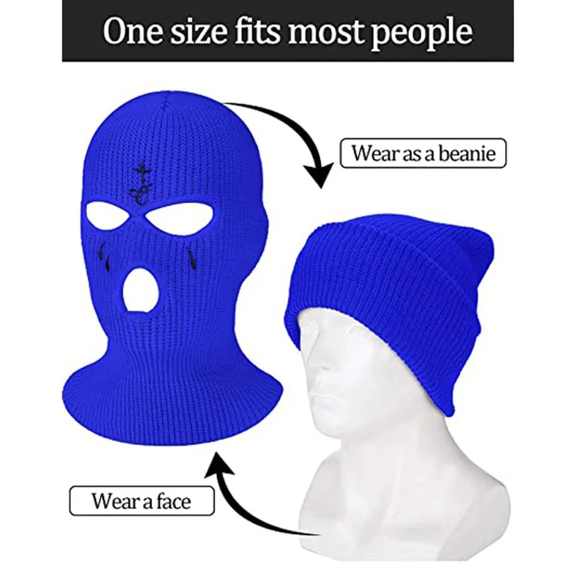 Winter Balaclava Hat 3-Hole Knitted Full Face Cover Ski Neck Gaiter Warm Knit Beanie for Outdoor Sports Cross Embroidery Ski Mas