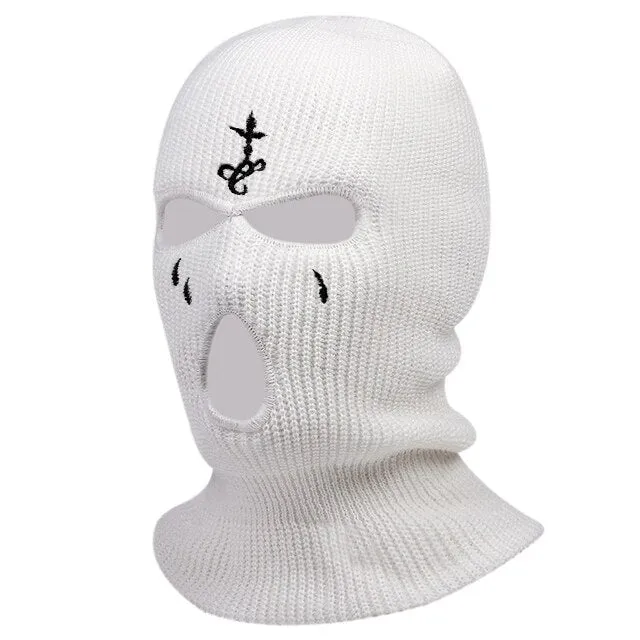 Winter Balaclava Hat 3-Hole Knitted Full Face Cover Ski Neck Gaiter Warm Knit Beanie for Outdoor Sports Cross Embroidery Ski Mas