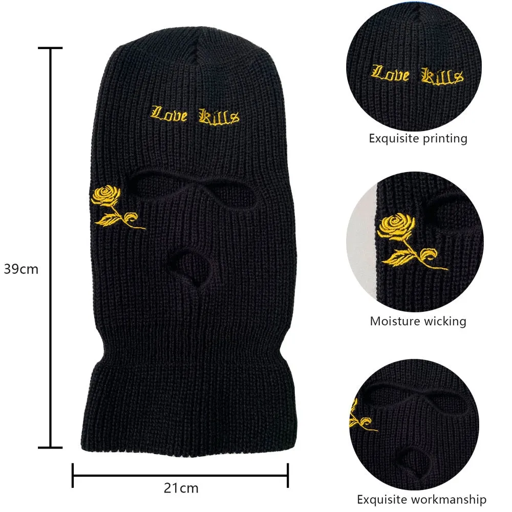 Winter Balaclava Hat 3-Hole Knitted Full Face Cover Ski Neck Gaiter Warm Knit Beanie for Outdoor Sports Cross Embroidery Ski Mas