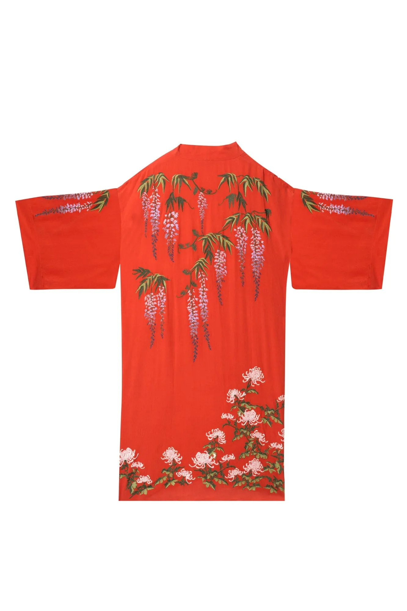 Wisteria & Chrysanthemum Embroidered Terracotta Fully Lined Long Kimono