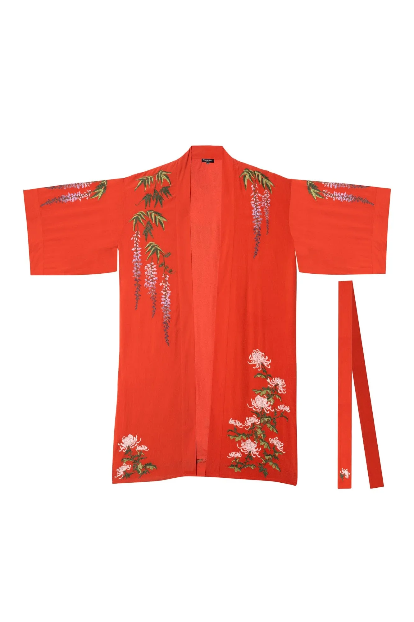 Wisteria & Chrysanthemum Embroidered Terracotta Fully Lined Long Kimono