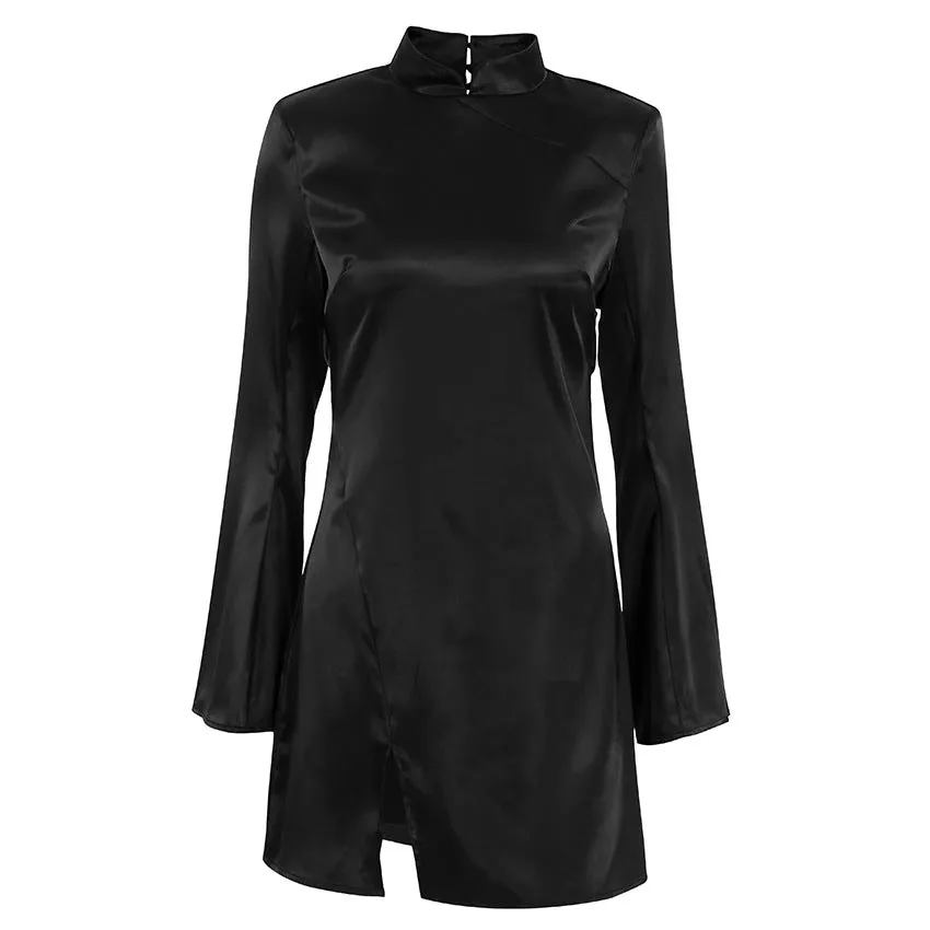 Wjczt grunge outfits Sexy Backless Bell Sleeve Small Stand Collar New Chinese Style Dress 2024 New Fashion Sheath Skirt