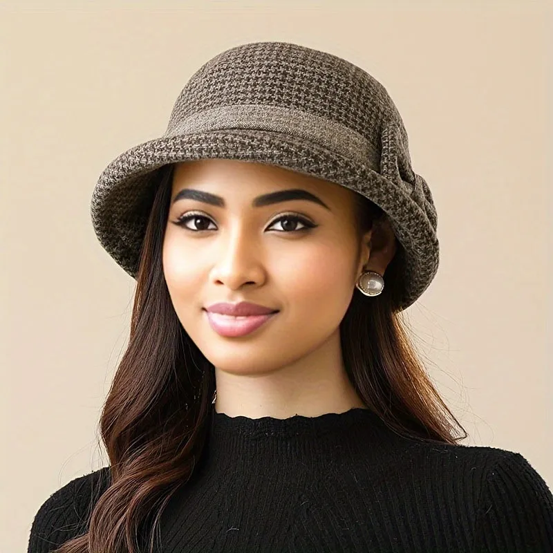 Women's New Year-Ready Houndstooth Knit Bucket Hat - Warm, Comfortable, & Moisture-Wicking with Ear Protection