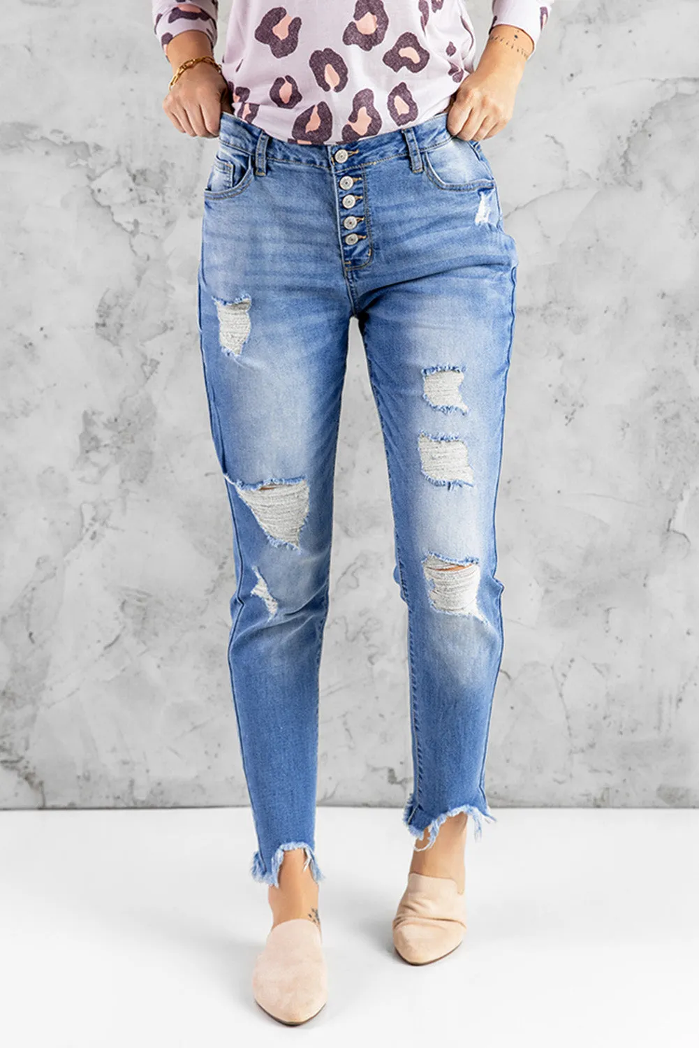 Women’s Stretchy Skinny High Rise Pants Button Ripped Denim Jeans