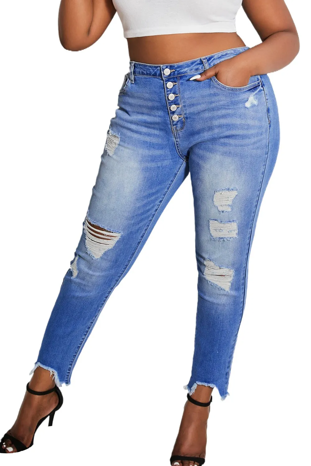 Women’s Stretchy Skinny High Rise Pants Button Ripped Denim Jeans