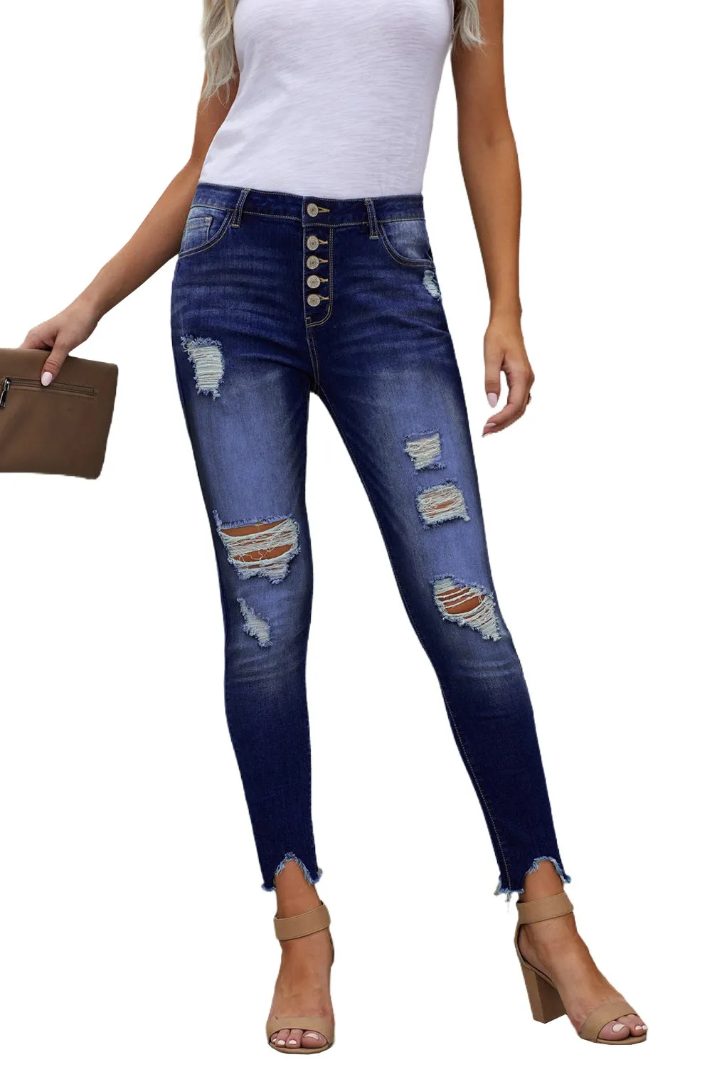 Women’s Stretchy Skinny High Rise Pants Button Ripped Denim Jeans