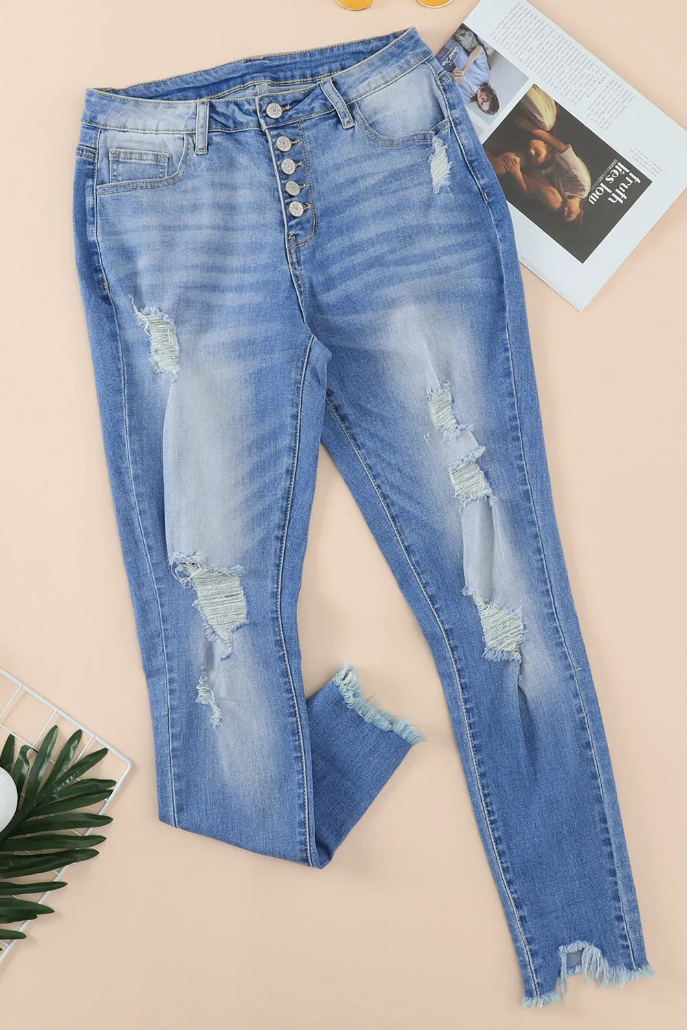 Women’s Stretchy Skinny High Rise Pants Button Ripped Denim Jeans