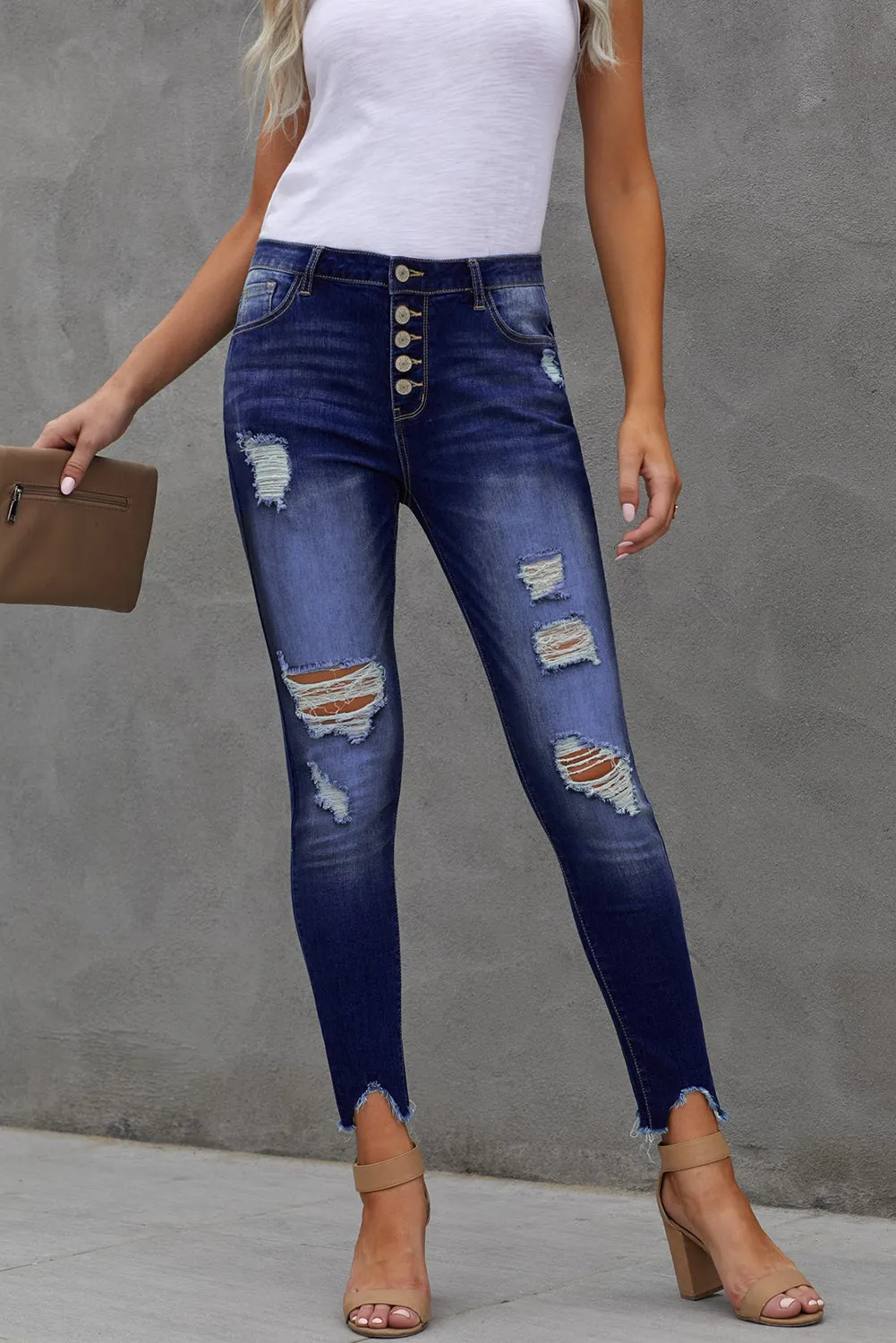 Women’s Stretchy Skinny High Rise Pants Button Ripped Denim Jeans