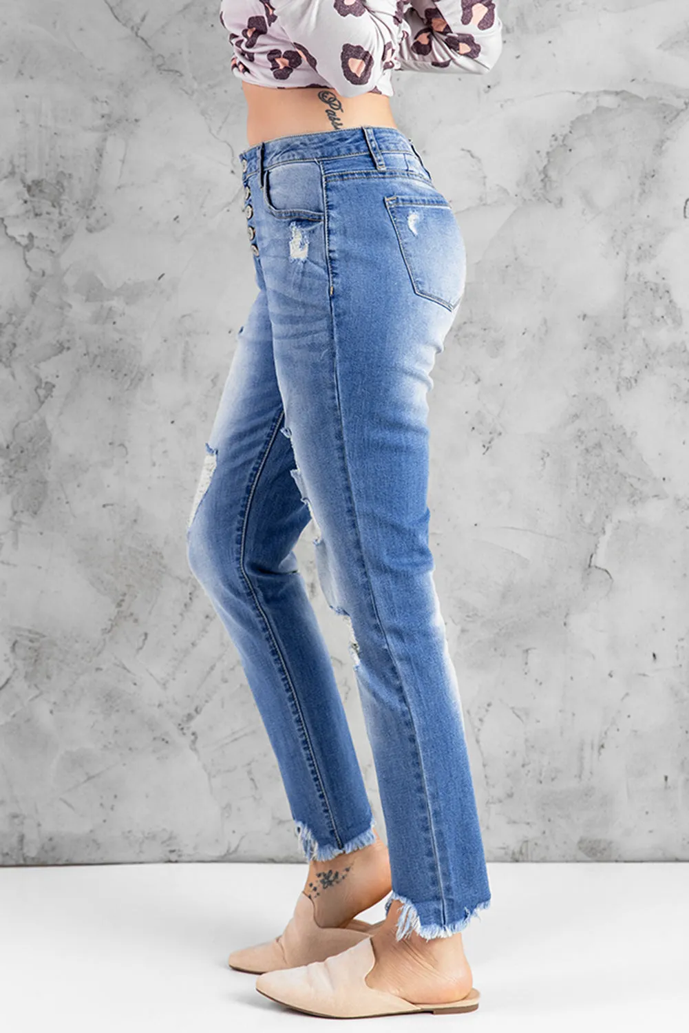 Women’s Stretchy Skinny High Rise Pants Button Ripped Denim Jeans