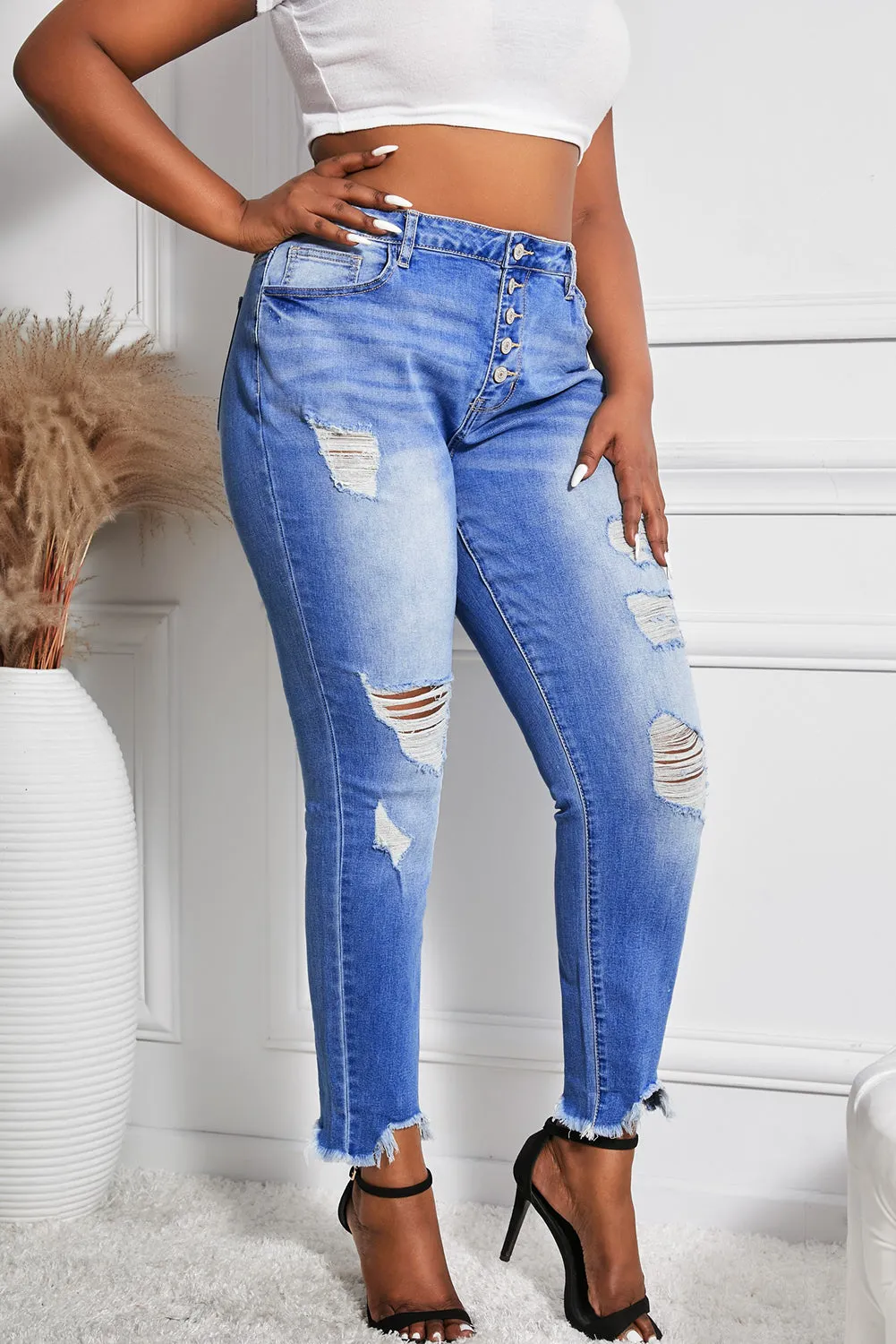 Women’s Stretchy Skinny High Rise Pants Button Ripped Denim Jeans