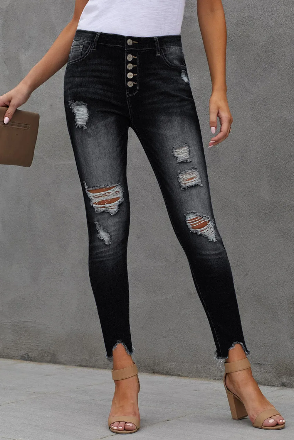 Women’s Stretchy Skinny High Rise Pants Button Ripped Denim Jeans