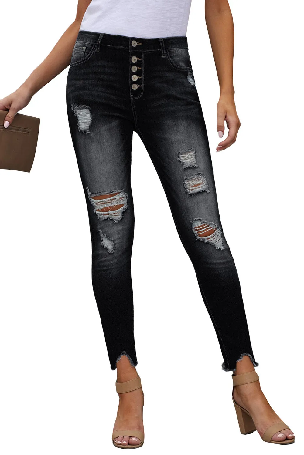 Women’s Stretchy Skinny High Rise Pants Button Ripped Denim Jeans