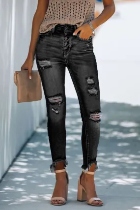 Women’s Stretchy Skinny High Rise Pants Button Ripped Denim Jeans