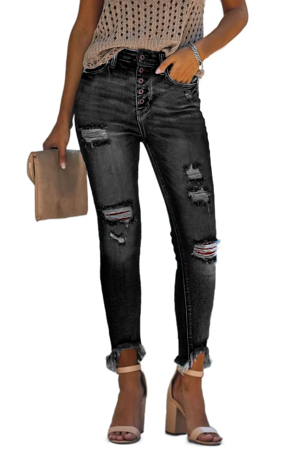 Women’s Stretchy Skinny High Rise Pants Button Ripped Denim Jeans