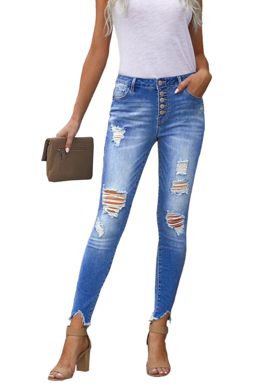 Women’s Stretchy Skinny High Rise Pants Button Ripped Denim Jeans