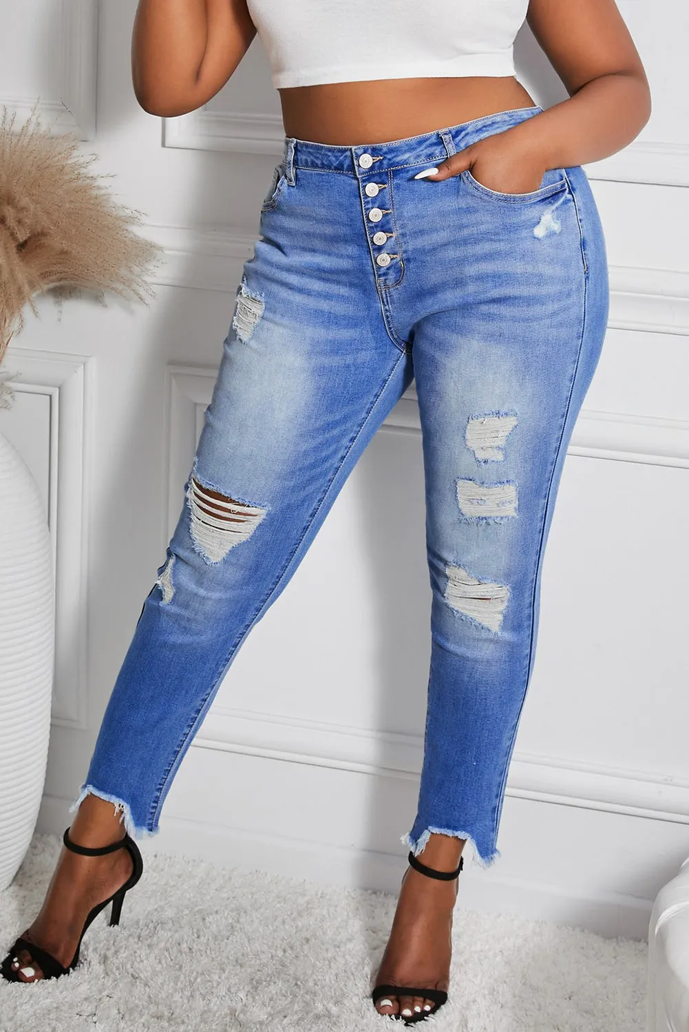 Women’s Stretchy Skinny High Rise Pants Button Ripped Denim Jeans