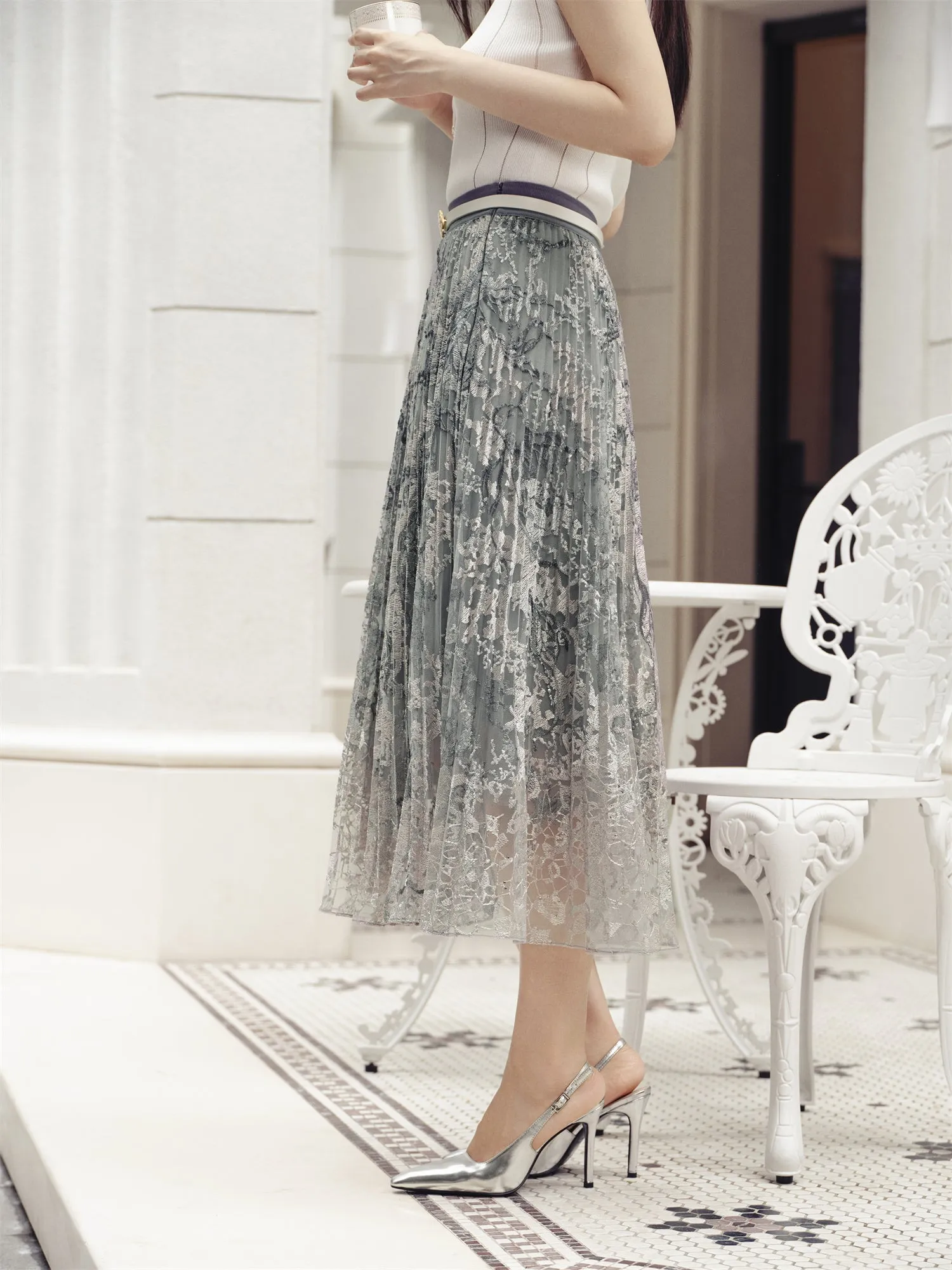 YAYING Embroidered Pleated Skirt